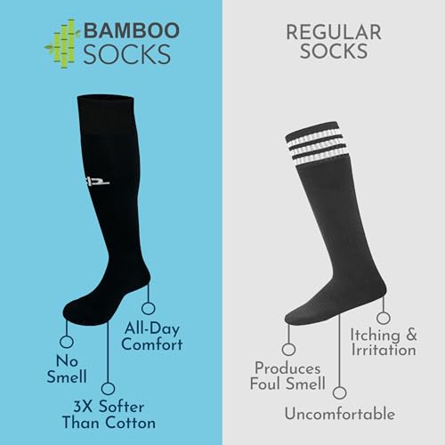 HEELIUM Bamboo Football Socks For Men & Women, Odour Free, Superior Grip & Cushioned Base, 3X Softer Than Cotton Stockings - Knee Length, Black - Image 2