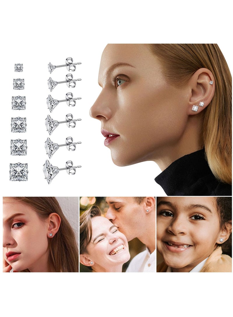 SYOSI 6 Pairs Stainless Steel Artificial Diamond Stud Earrings Set Suit for Woman Man Boy Girl 3-8mm - Image 2