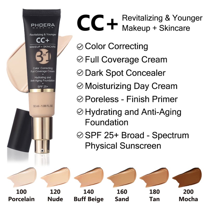Hilareco PHOERA CC+ Cream,Full Coverage Foundationï¼ŒColor Correcting Cream,Anti Aging Hydrating Serum & SPF 25+ Sunscreen - Natural Finish - 1.08 fl oz (120 Nude) - Image 2
