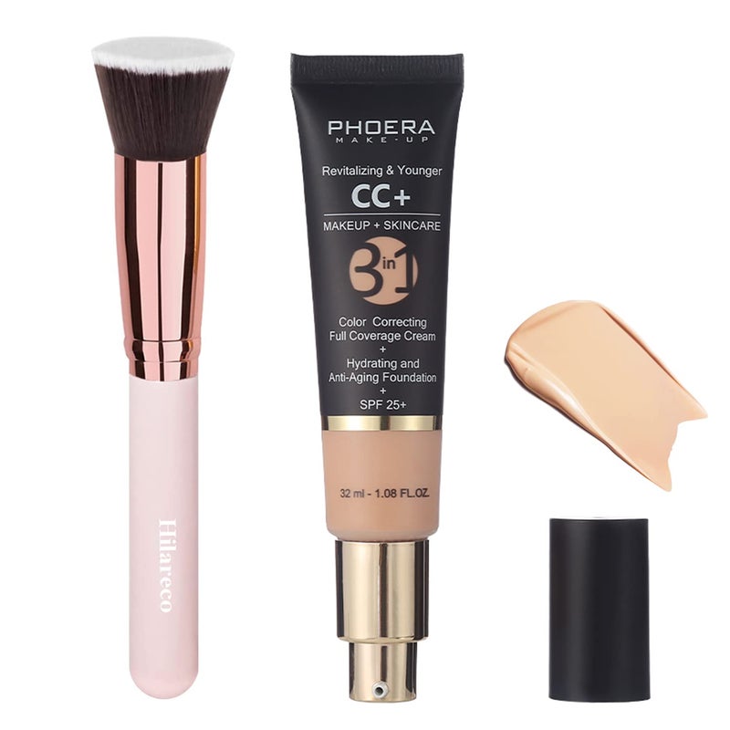 Hilareco PHOERA CC+ Cream,Full Coverage Foundationï¼ŒColor Correcting Cream,Anti Aging Hydrating Serum & SPF 25+ Sunscreen - Natural Finish - 1.08 fl oz (120 Nude) - Image 1