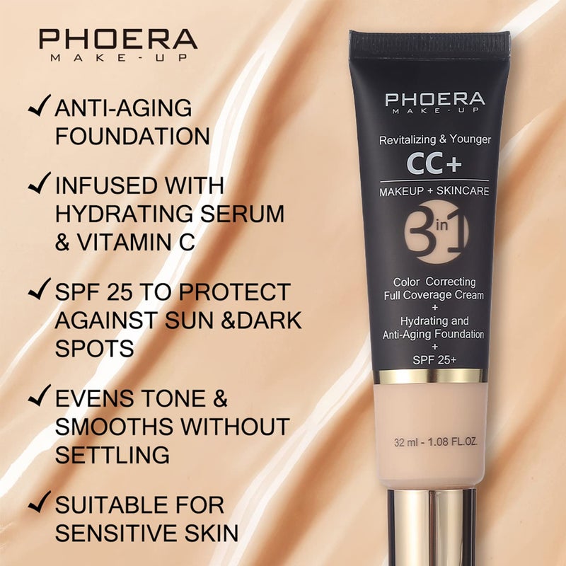 Hilareco PHOERA CC+ Cream,Full Coverage Foundationï¼ŒColor Correcting Cream,Anti Aging Hydrating Serum & SPF 25+ Sunscreen - Natural Finish - 1.08 fl oz (120 Nude) - Image 5