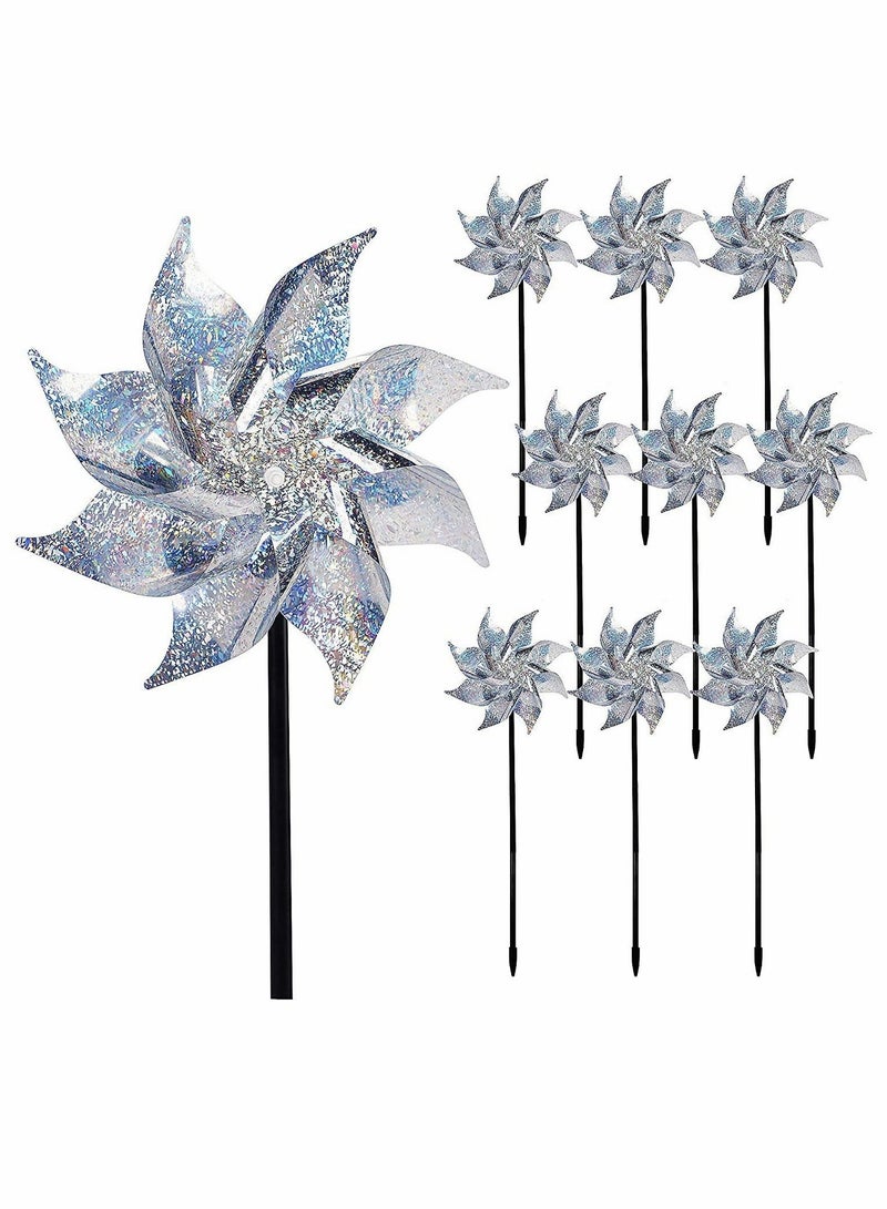 KASTWAVE 10 Pack Reflective Pinwheels with Stakes, Mylar pinwheels, Extra Sparkly Pin Wheel for Garden Decor, Bird Repellent Devices Deterrent to Scare Birds Away from Yard Patio Farm - Image 1