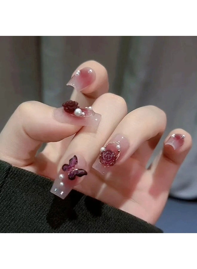 Goolsky Twilight Camellia Wine Red Butterfly Pearl Press - on Nails for Luxury Look - Image 4