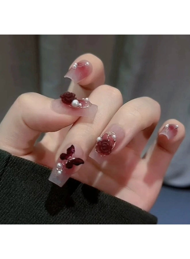 Goolsky Twilight Camellia Wine Red Butterfly Pearl Press - on Nails for Luxury Look - Image 2