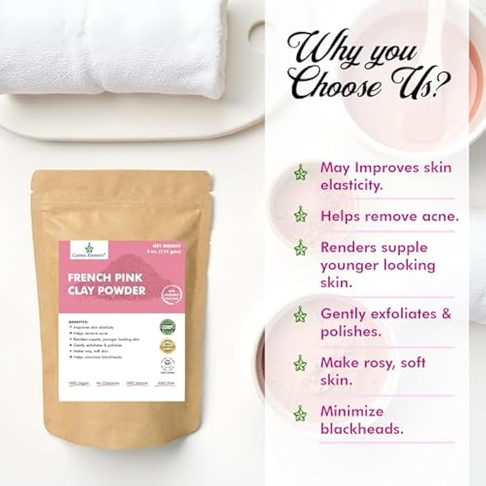 Cosmic Element French Pink Clay Powder – Montmorillonite Healing Face Mask for Blackheads & Pore Cleansing | Organic Food Grade Rose Pink Clay for All Skin Types – 4 oz - Image 5