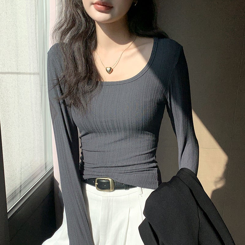 New Large U-Neck T-Shirt Women's Base Layer Long Sleeve Top Low-Cut Slim Fit Spring Style