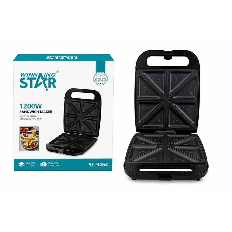 ويننج ستار صانعة ساندويتش WINNING STAR ST-9464 بقوة 1200 وات توستر 4 قطع بصفائح مثلثة غير لاصقة ومؤشرات تشغيل - A1-591 - Image 1
