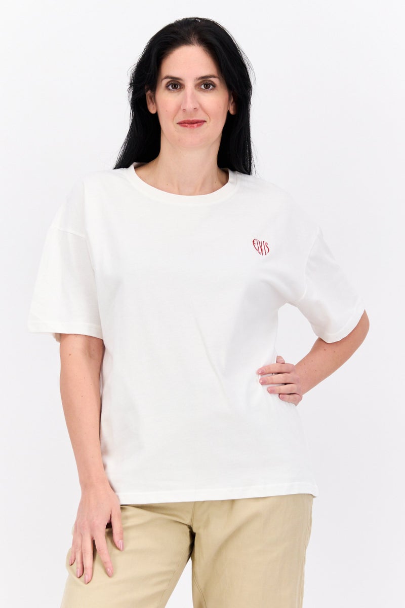 ELVIS Women Round Neck Short Sleeve Embroidered Logo T-Shirt, Off White  - Image 1