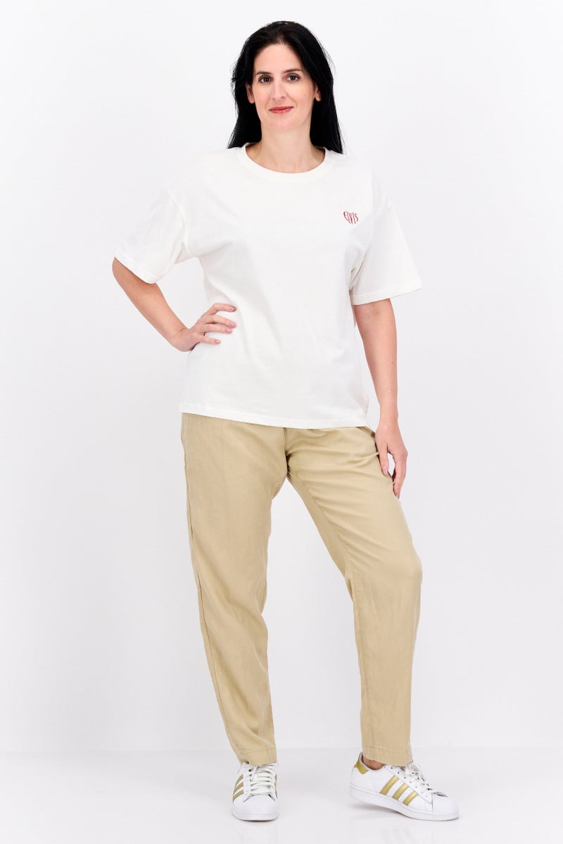ELVIS Women Round Neck Short Sleeve Embroidered Logo T-Shirt, Off White  - Image 4