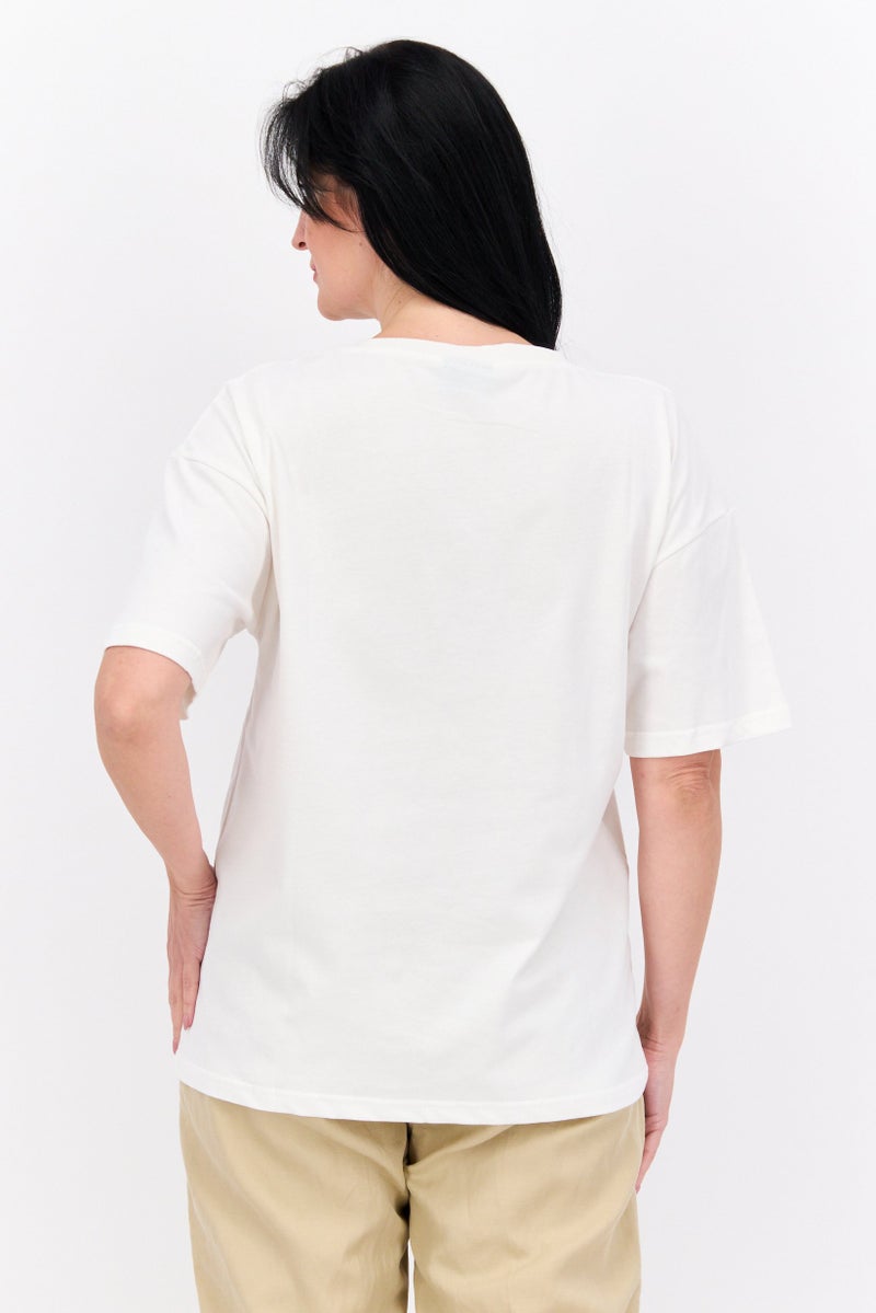 ELVIS Women Round Neck Short Sleeve Embroidered Logo T-Shirt, Off White  - Image 3