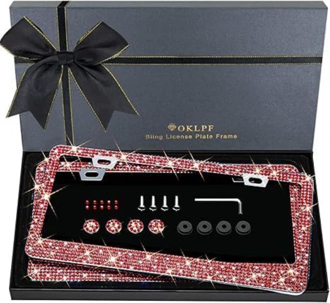 OKLPF Bling License Plate Frame for Women, 2PCS Sparkly License Plate Frames| Over 1200 pcs14 Facets Bedazzled Clear Glass Diamond Rhinestone Crystals w/Free Glitter Diamond Box (red) Adjustable build