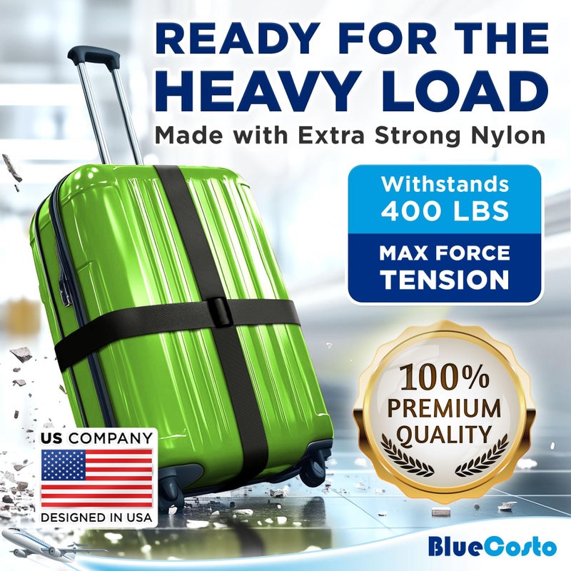 BlueCosto Luggage Straps for Suitcases - TSA Approved - Black, 4 PK - Premium Nylon Belts for Suitcase, Briefcase & Travel Bag - Adjustable Strap Length 46" - 78" - Image 2