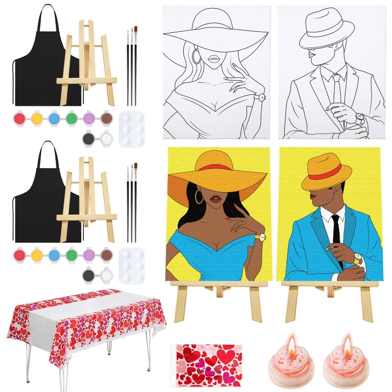 Vochic Date Night Idea Painting Kit For Couples Sip And Paint Kit For Adults Couples Pre Drawn Canvas To Paint For Adults Art Set Elegant Lady Gentlemen Couple Valentine'S Day 2 Pack 8"" X 10"" - Image 1