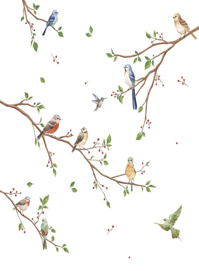 Runtoo Bird on Tree Branch Wall Decals Watercolor Birds Flower Wall Stickers Bedroom Living Room Office Home Decor - Image 1