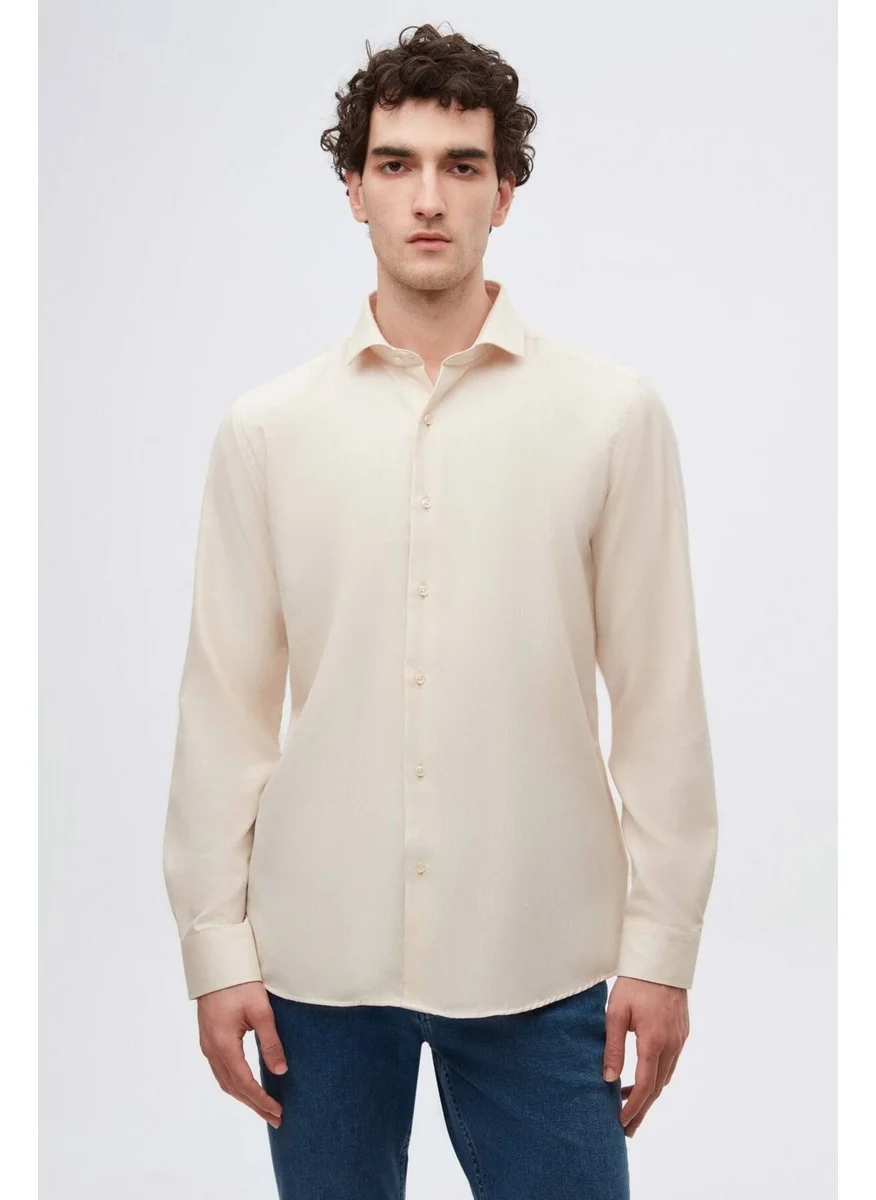 D'S DAMAT Slim Fit Beige Italian Collar Dobby Long Sleeve Easy Iron Breathable All Seasons Shirt 2HF02ORT3185