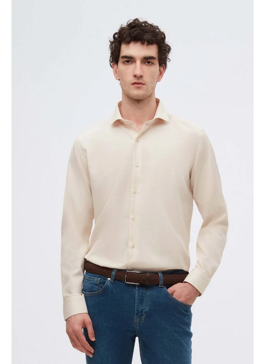 D'S DAMAT Slim Fit Beige Italian Collar Dobby Long Sleeve Easy Iron Breathable All Seasons Shirt 2HF02ORT3185