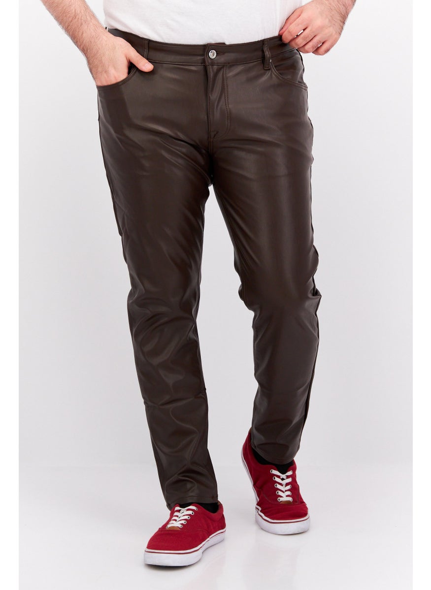 Asos Design - Men Skinny Fit Leather Straight Leg Pants, Chocolate Brown - Image 1