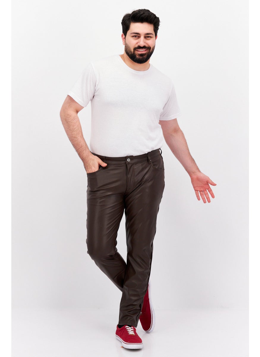 Asos Design - Men Skinny Fit Leather Straight Leg Pants, Chocolate Brown - Image 1
