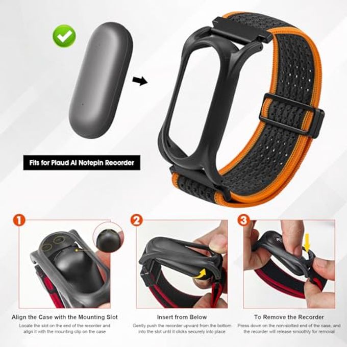 REEYEAR Adjustable Soft Woven Nyon Wristband + Protective Case Base Fits For Plaud Notepin Ai Voice Recorder upgraded 18Mm Pin Quick Release Notepin Strap For Easy Band Replacement,Orange&Gray - Image 5