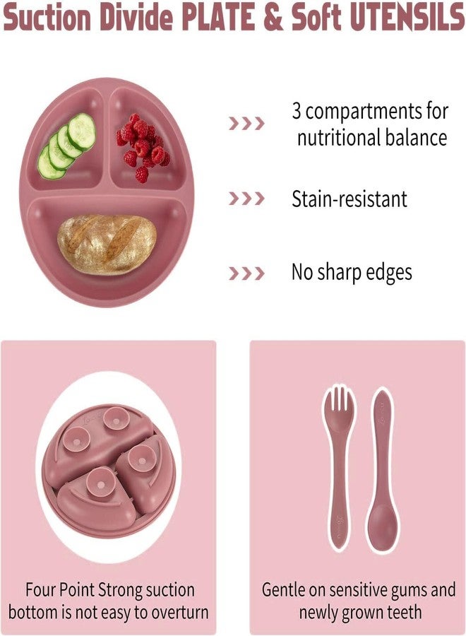 Edtepy 6PCS Silicone Baby Feeding Set - Suction Bowl, Divided Plate, Bib, Spoon, Fork & Sippy Cup | BPA-Free, Food-Grade | Self-Feeding Utensils for Toddlers 6+ Months - Dishwasher Safe (Pink) - Image 5