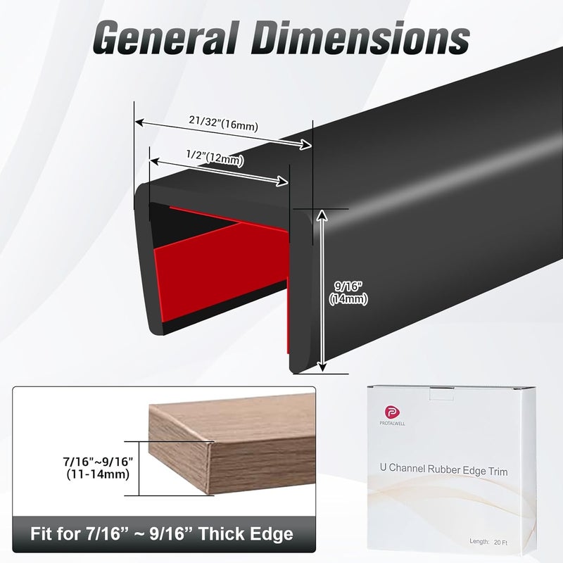 Protalwell Rubber Edge Trim, Self Adhesive U Channel Edge Trim, Big Size U Shaped Trim, Edge Banding for Plywood, Woods, Shelf, Cabinet, Countertop, Size 1/2", Length 20Ft, Black - Image 2