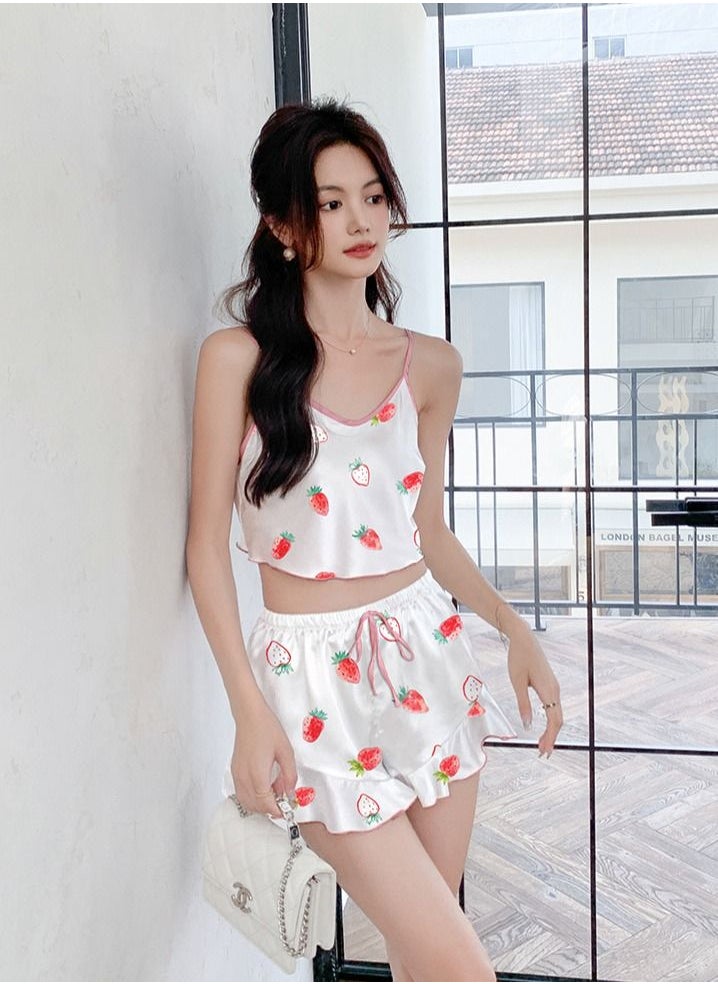 Loquat - Women's Sweet Printed 2-Piece Set Nightgown Camisole Tops And Shorts Soft Lingerie Sleepwear Suit White Mix - Image 1