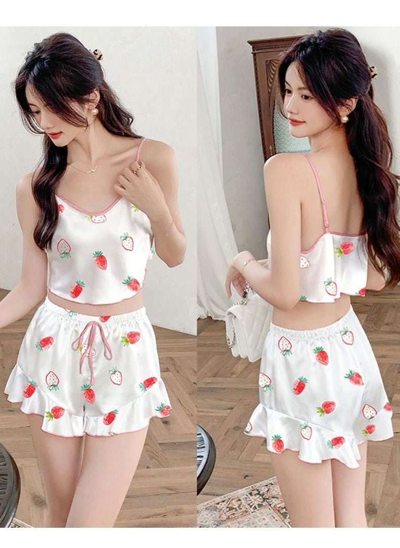 Loquat - Women's Sweet Printed 2-Piece Set Nightgown Camisole Tops And Shorts Soft Lingerie Sleepwear Suit White Mix - Image 1