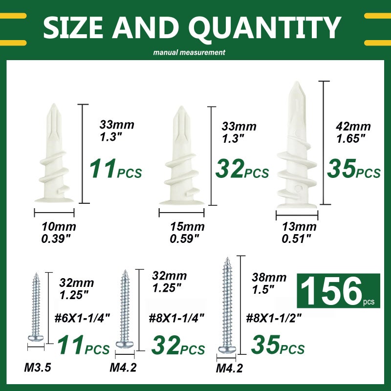 Tanbupu 156PCS Self Drilling Drywall Anchors and Screws for Drywall,3 Sizes Nylon Plastic Wall Anchors,13x42mm,15x33mm, 10x33mm,No Pre Drill Hole Preparation Required - Image 2