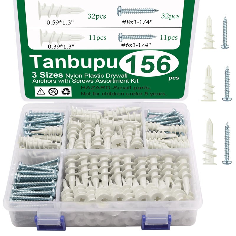 Tanbupu 156PCS Self Drilling Drywall Anchors and Screws for Drywall,3 Sizes Nylon Plastic Wall Anchors,13x42mm,15x33mm, 10x33mm,No Pre Drill Hole Preparation Required - Image 1