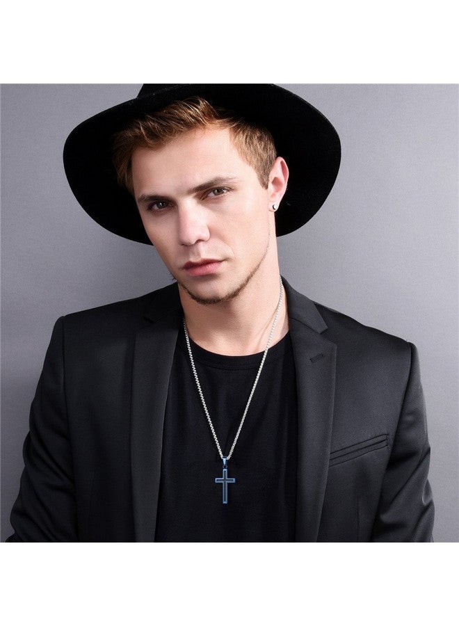 U7 Simple Ion-Plating Blue Cross Necklace 22" Stainless Steel Twisted Rope Chain Christian Pendant For Men - Image 3