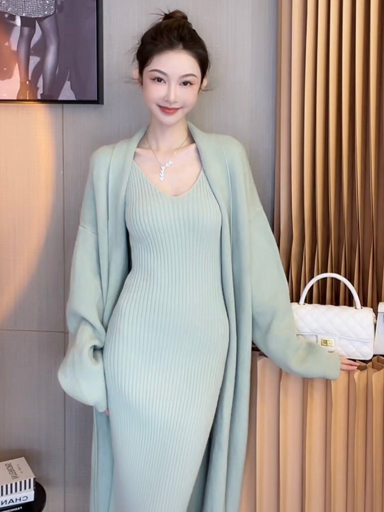 Autumn Winter Knit Dress Sweater Set light green cardigan skirt two-piece】