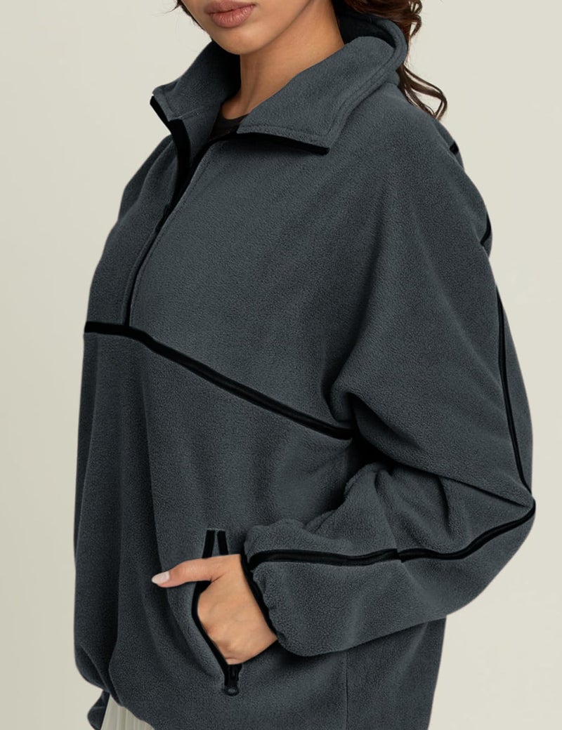 Yimoon Women's Oversized Sweatshirt Quarter Zip Fleece Pullover Casual Long Sleeve Loose Fall Fuzzy Tops Jacket Pockets(Grey-M) - Image 2