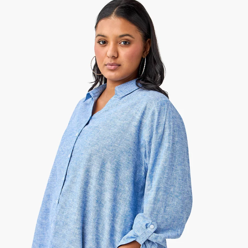  أولا بوبكن Plus Size Ulla Popken Regular Fit Linen Blend Shirt with Long Sleeves