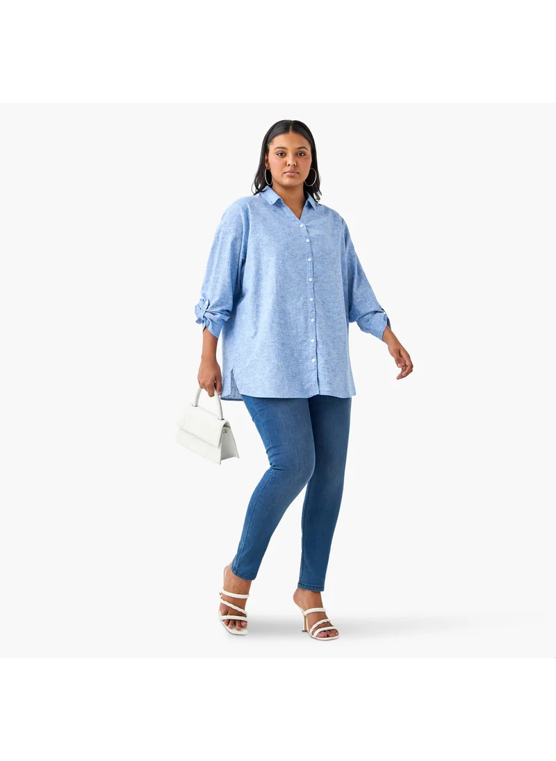 Ulla Popken Plus Size Ulla Popken Regular Fit Linen Blend Shirt with Long Sleeves