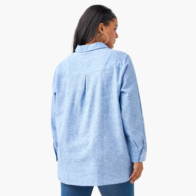  أولا بوبكن Plus Size Ulla Popken Regular Fit Linen Blend Shirt with Long Sleeves