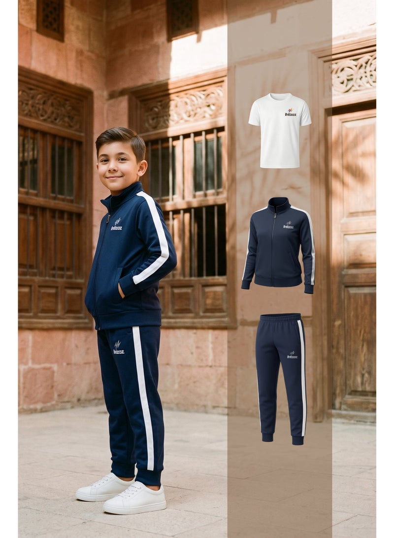 اهتزاز طقم زي رياضي مدرسي معتمد للأولاد الابتدائي من اهتزاز (3 قطع: تيشرت أبيض + جاكيت + بنطال كحلي) - Image 1
