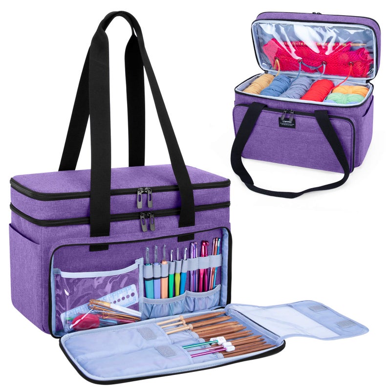 CURMIO CURMIO DoubleLayer Knitting Tote Bag Yarn Storage Bag with Compartments for Crochet Hooks Knitting Needles Up to 14 Inches Knitting Project and Accessories Purple Bag Only Patented Design