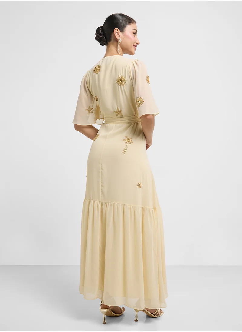 Hope & Ivy Embellished Maxi Wrap Flutter Sleeve Dress
