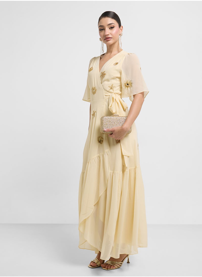 Hope & Ivy - Embellished Maxi Wrap Flutter Sleeve Dress - Image 1