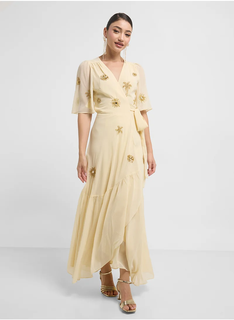 Hope & Ivy Embellished Maxi Wrap Flutter Sleeve Dress