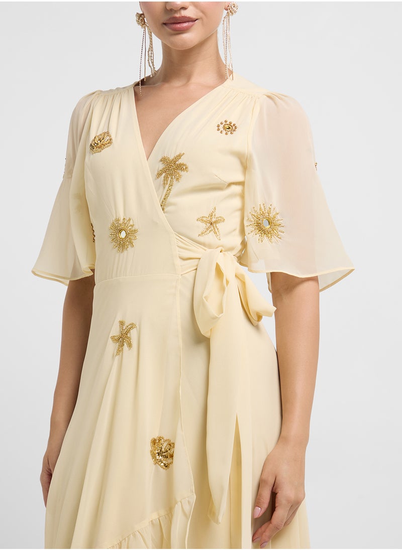 Hope & Ivy - Embellished Maxi Wrap Flutter Sleeve Dress - Image 1