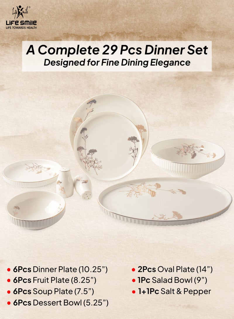 Life Smile 29-Pcs Dinner Set – Porcelain Dinnerwares- Serving Dish and Bowls Set Includes 6x Dinner Plates, 6x Fruit Plates, 6x Soup Plates, 6 x Dessert Bowls, 2x Oval Plates, 1x Salad Bowl, and 1x Salt and Pepper Shaker - Image 2