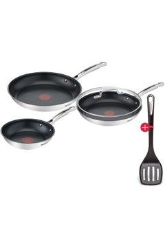 Tefal Duetto 3-Piece Frying Pan Set 20, 24 and 28cm Non-Stick Coating Built-in Temperature Indicator for All Hob Types Stainless Steel With Jamie Oliver Glass Lid 24cm and Slotted Turner Spatula