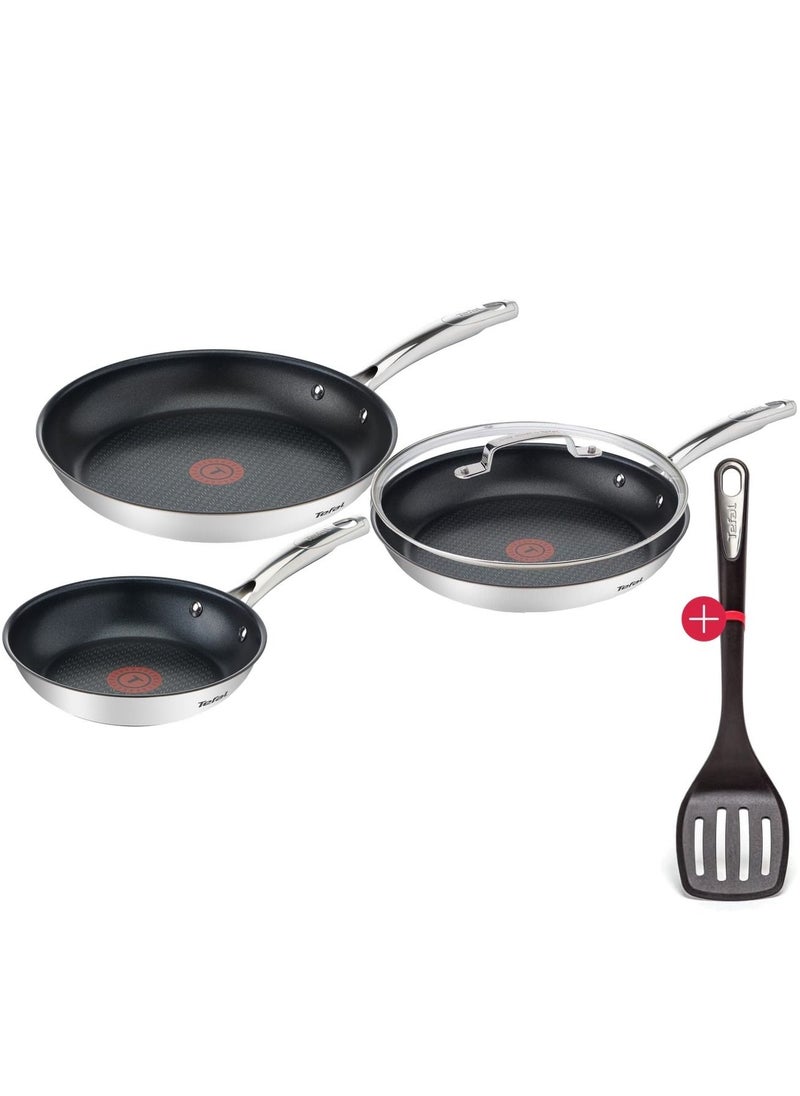 Tefal - Tefal Duetto 3-Piece Frying Pan Set 20, 24 and 28cm Non-Stick Coating Built-in Temperature Indicator for All Hob Types Stainless Steel With Jamie Oliver Glass Lid 24cm and Slotted Turner Spatula - Image 1