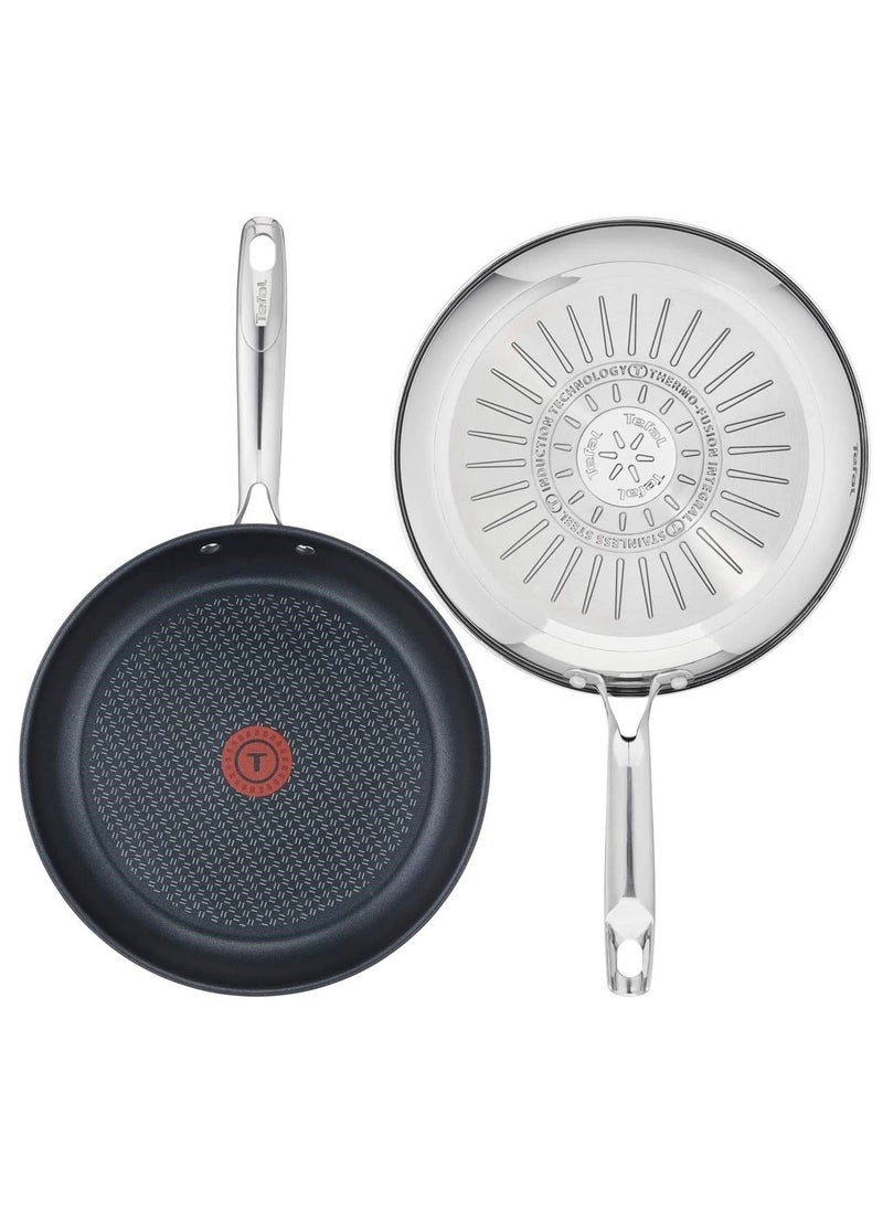 Tefal - Tefal Duetto 3-Piece Frying Pan Set 20, 24 and 28cm Non-Stick Coating Built-in Temperature Indicator for All Hob Types Stainless Steel With Jamie Oliver Glass Lid 24cm and Slotted Turner Spatula - Image 1
