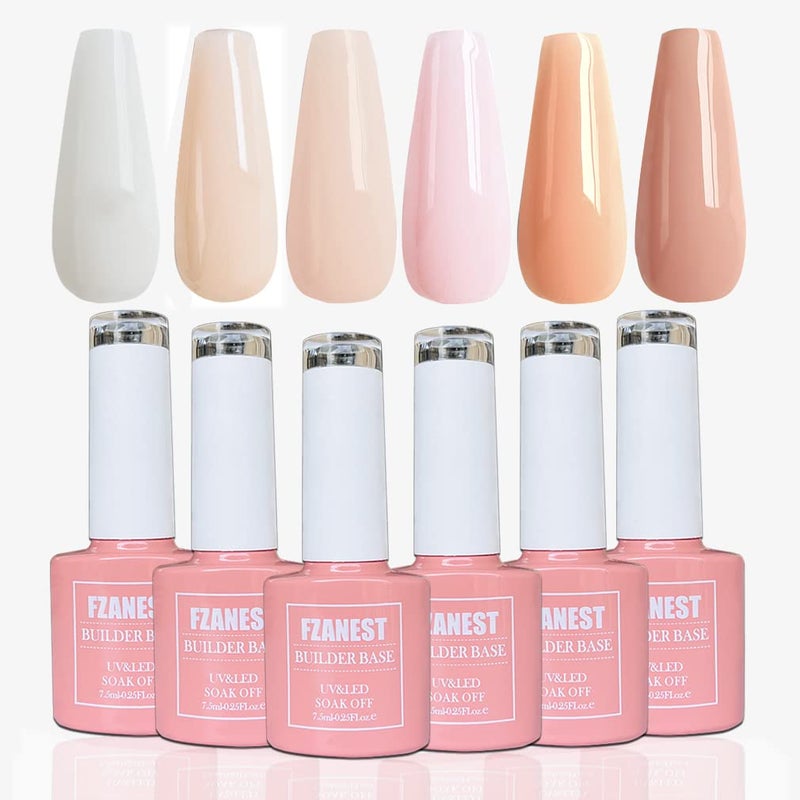 FZANEST Rubber Base Builder Gel for Nails Kit, 6pcs*7.5ml in a Bottle, Nail Strengthener Extension With Jelly Natural Nude Pink Colors, UV Soak Off Polish - Image 2