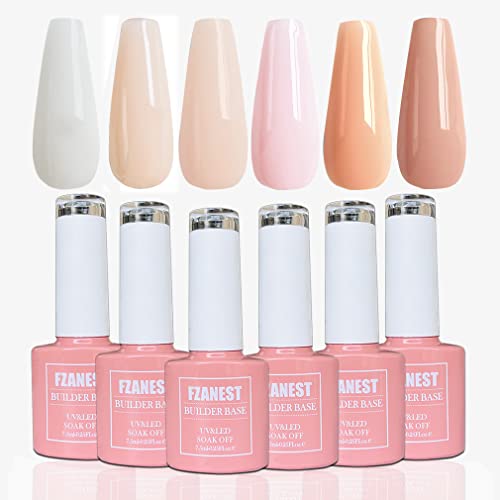 FZANEST Rubber Base Builder Gel for Nails Kit, 6pcs*7.5ml in a Bottle, Nail Strengthener Extension With Jelly Natural Nude Pink Colors, UV Soak Off Polish - Image 1