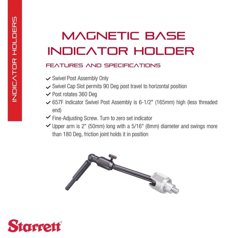 Starrett Magnetic Base Indicator Holder, Individual Component with Fine-Adjusting Screw - Ideal for Wood Working and Metal Working - 2" Upper Arm, 5/16" Diameter - 657F - Image 2