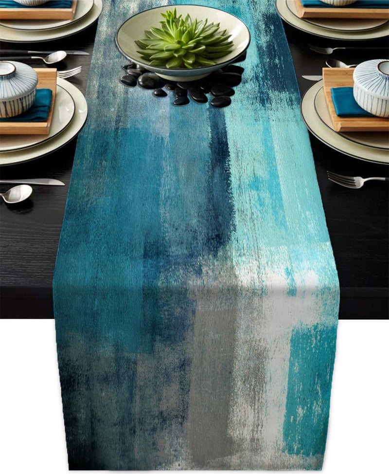 Teal Grey Table Runners Modern Art Farmhouse Linen Turquoise Table Runners Dresser Scarves Retro Rustic Style for Party Kitchen Dining Table Coffee Holiday Party Decor Teal Grey 13x 71