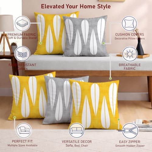 STITCHNEST Set of 5 Polycotton Cushion Covers – Yellow & Grey Abstract Drop Design – 16x16 Inches – Soft & Durable Cushion Covers for Sofa, Bed & Living Room | Perfect for Home Decor - Image 4